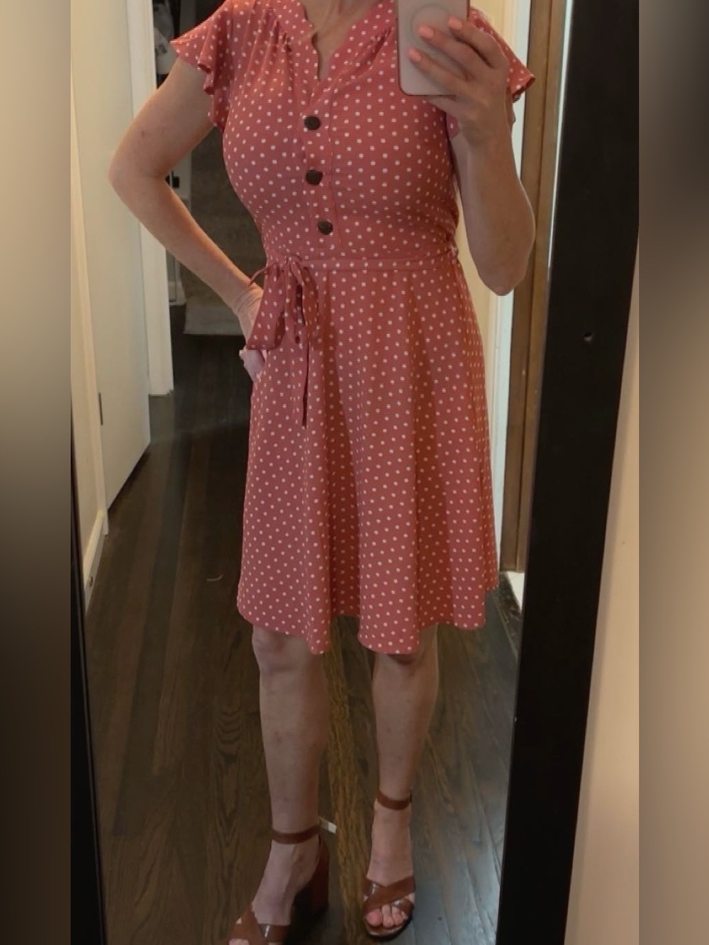 Retro-style polka dot midi dress with tie waist - Dusty Rose